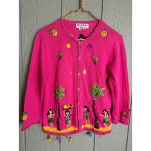 Vintage Jack B. Quick Beaded Hula Girl Cardigan Pink Tropical Sweater | M